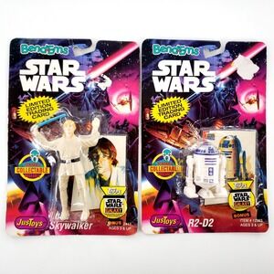 Vtg Bend-Ems Star Wars Skywalker & R2-D2 w/ Topps Trading Cards JusToys New